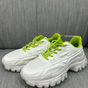 Chunky White Sneakers with Neon Green Accents 8.5 NWOT